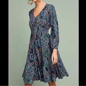 Anthropologie Maeve Maplewood Paisley Long Sleeve V-Neck Midi Dress